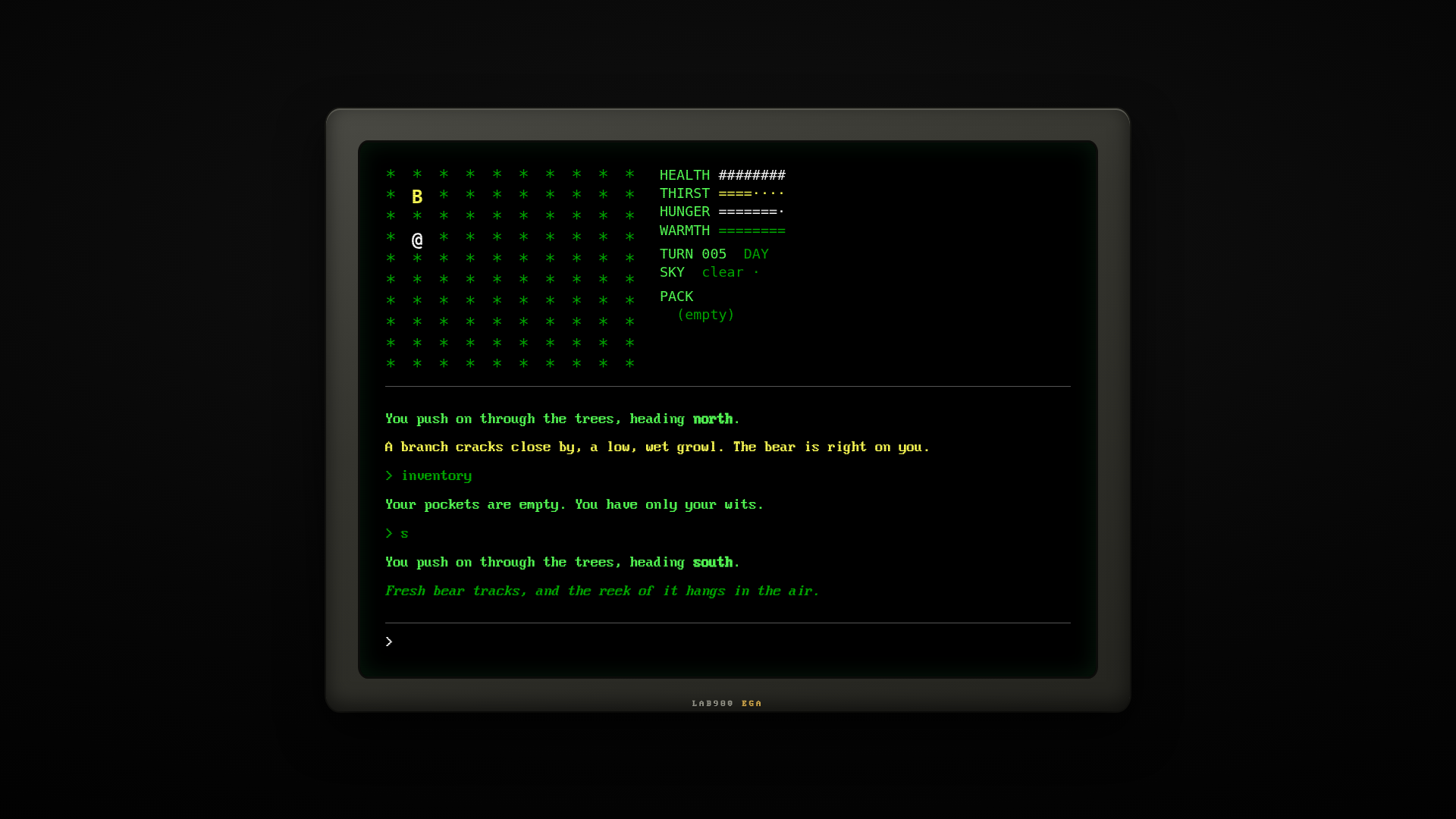 Gameplay: the ASCII map shows the bear one cell from the player; the log reads 'a low, wet growl. The bear is right on you.'